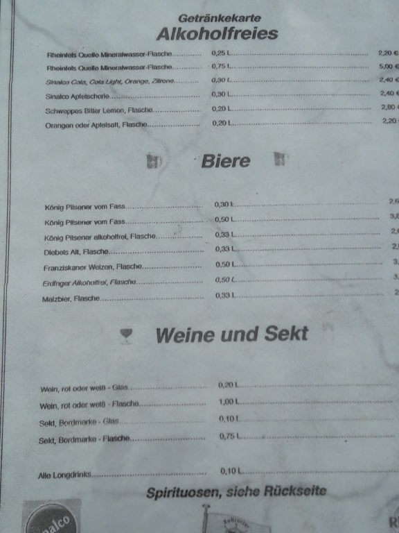 Preisliste Getränke Rheinfels